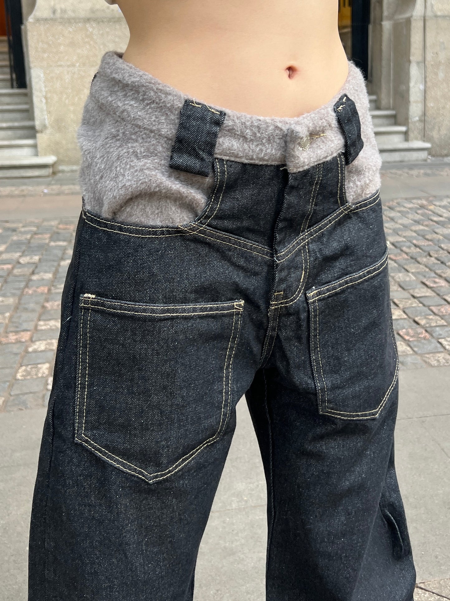 Reverse Patchwork Curved Silhouette Straight Denim Jeans WN24101