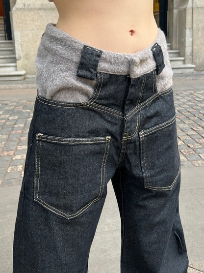 Reverse Patchwork Curved Silhouette Straight Denim Jeans WN24101