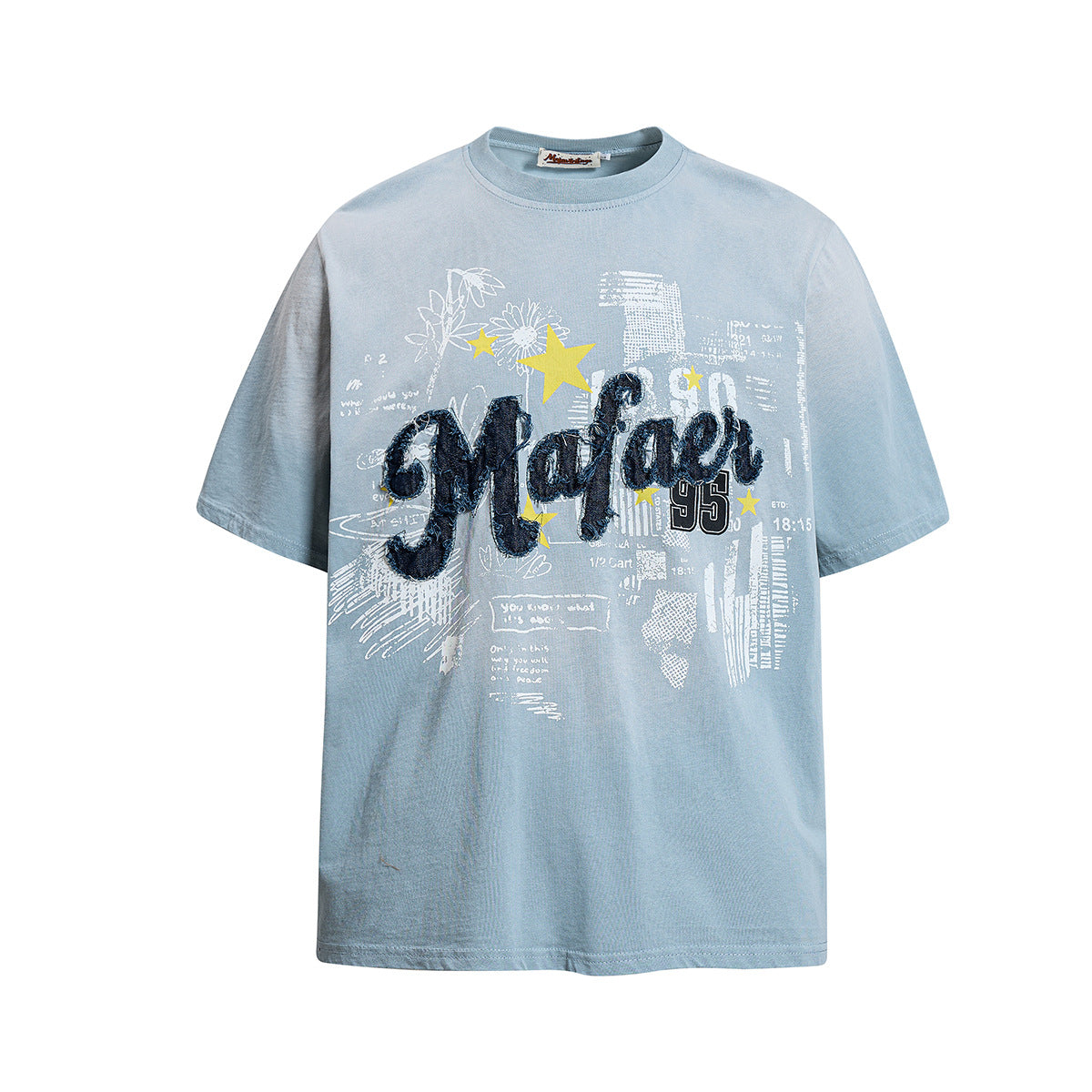 Star Applique Embroidery Washed Short Sleeve T-Shirt WN25651