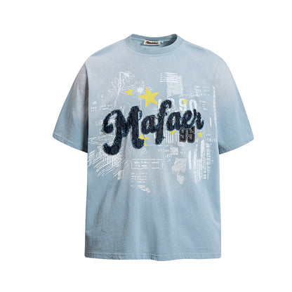 Star Applique Embroidery Washed Short Sleeve T-Shirt WN25651