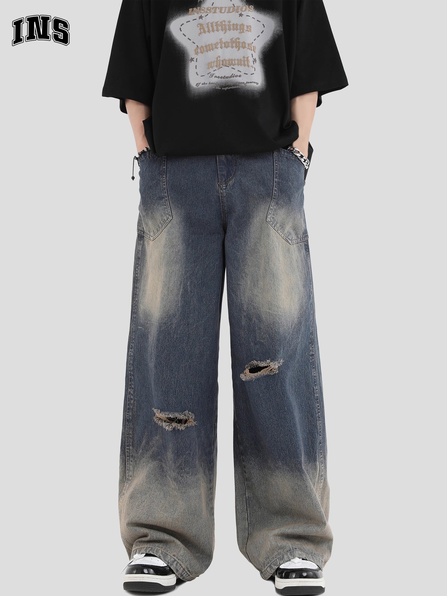 Washed Gradual Damage Wide-Leg Straight Denim Jeans WN7233