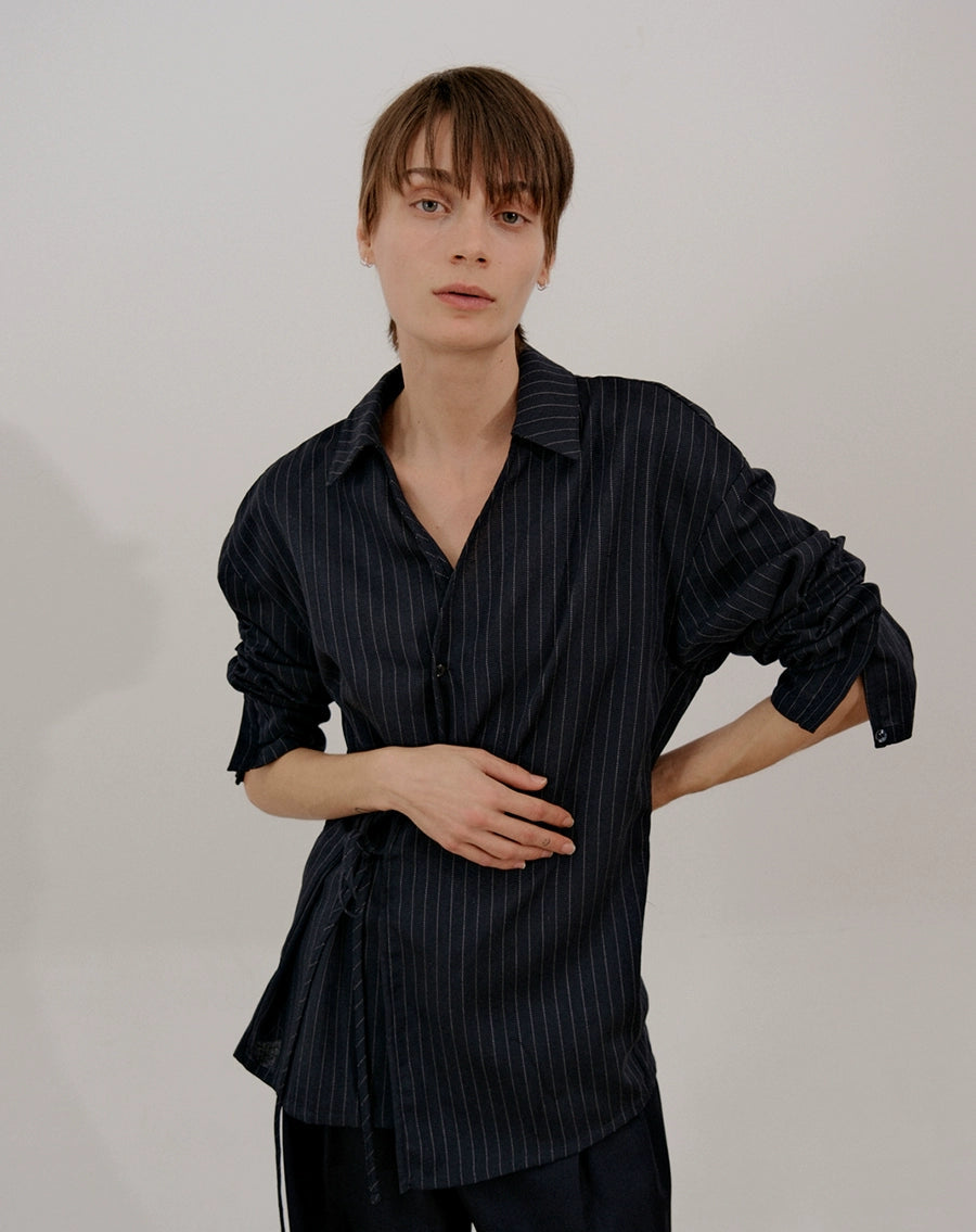 Stripe Belted Long Sleeve Shirt WN21615