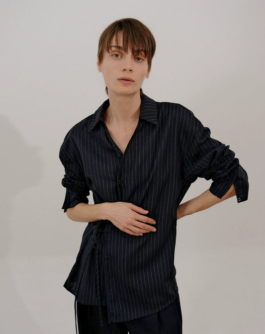 Stripe Belted Long Sleeve Shirt WN21615