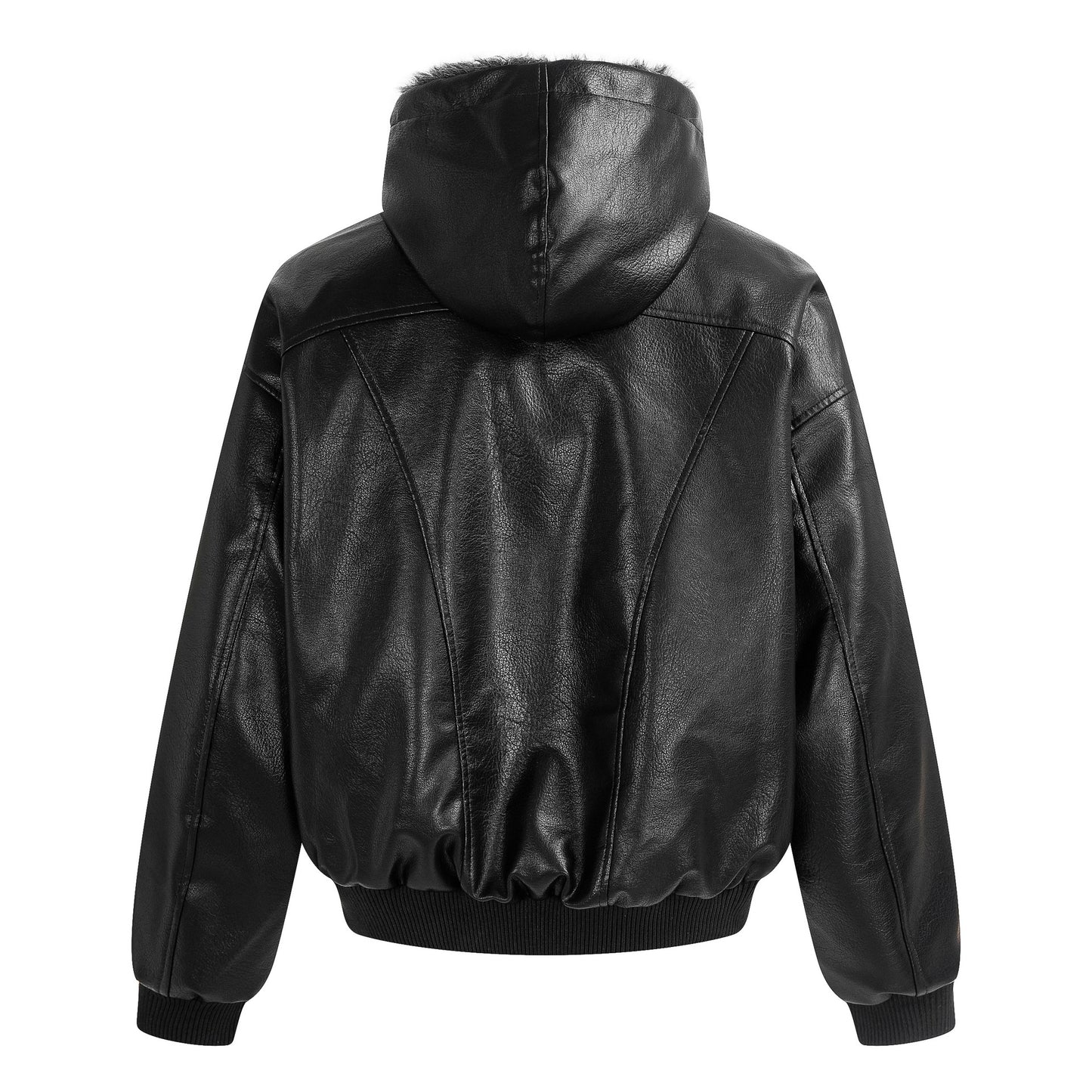 Hooded Fake Fur Lining Zip-Up PU Leather Jacket WN23081