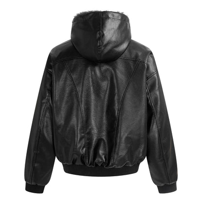 Hooded Fake Fur Lining Zip-Up PU Leather Jacket WN23081
