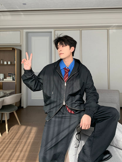 Hooded Zipper Jacket & Wide Leg Pants Setup WN20490