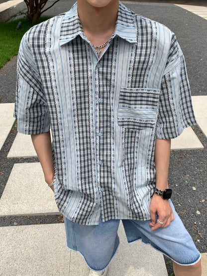 Stripe Patchwork Plaid Fringe Trim Oversize Short Sleeve Shirt WN25339