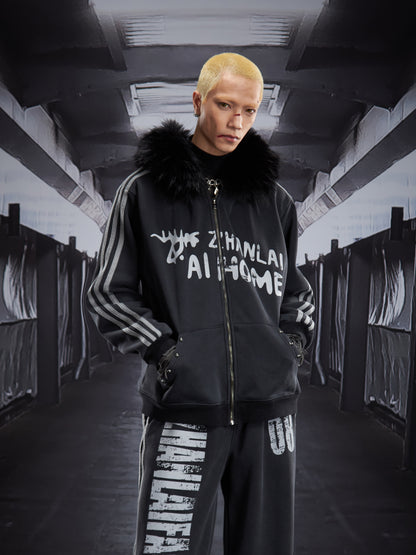 Print Fake Fur Zipper Hoodie & Print Wide Leg Sweatpants Setup WN22792