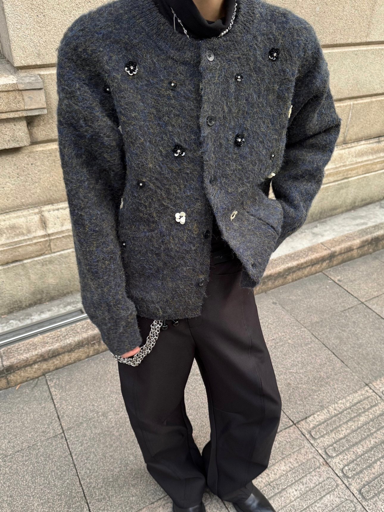 Hand-Beaded Flower Oversize Knit Cardigan WN23183