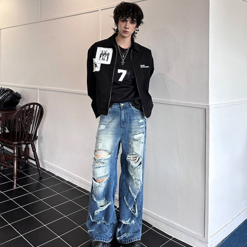 Damage Wide Leg Denim Jeans WN25158