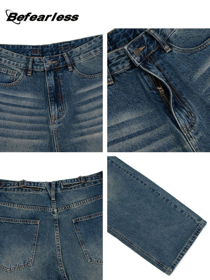 Washed Whisker Adjustable Waist Straight Denim Jeans WN26284