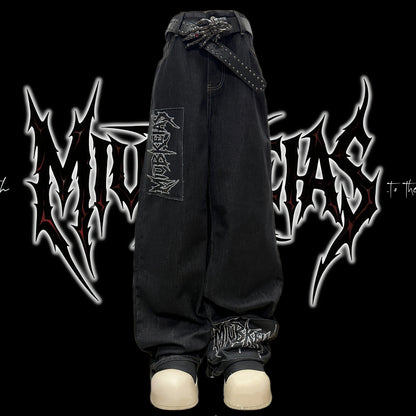 Graphic Letter Patchwork Wide Leg Denim Jeans & Belt & Chain WN20137