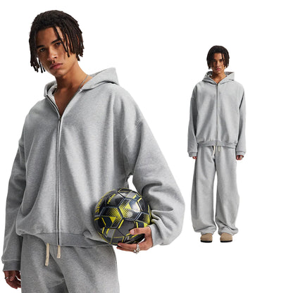 Fleece Lining Side Pocket Zipper Hoodie & Fleece Lining Wide Leg Sweatpants Setup WN23114