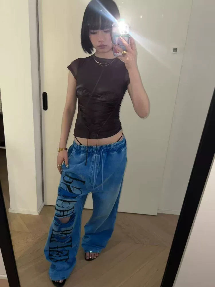 Print Washed Wide Leg Sweat Pants WN19084