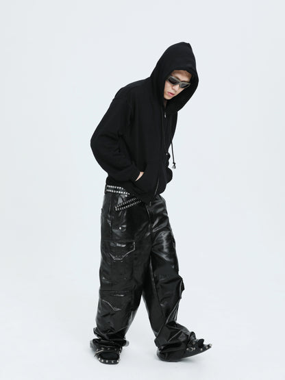 Glossy Coated Multi-Pocket Wide Leg Cargo Pants WN17249