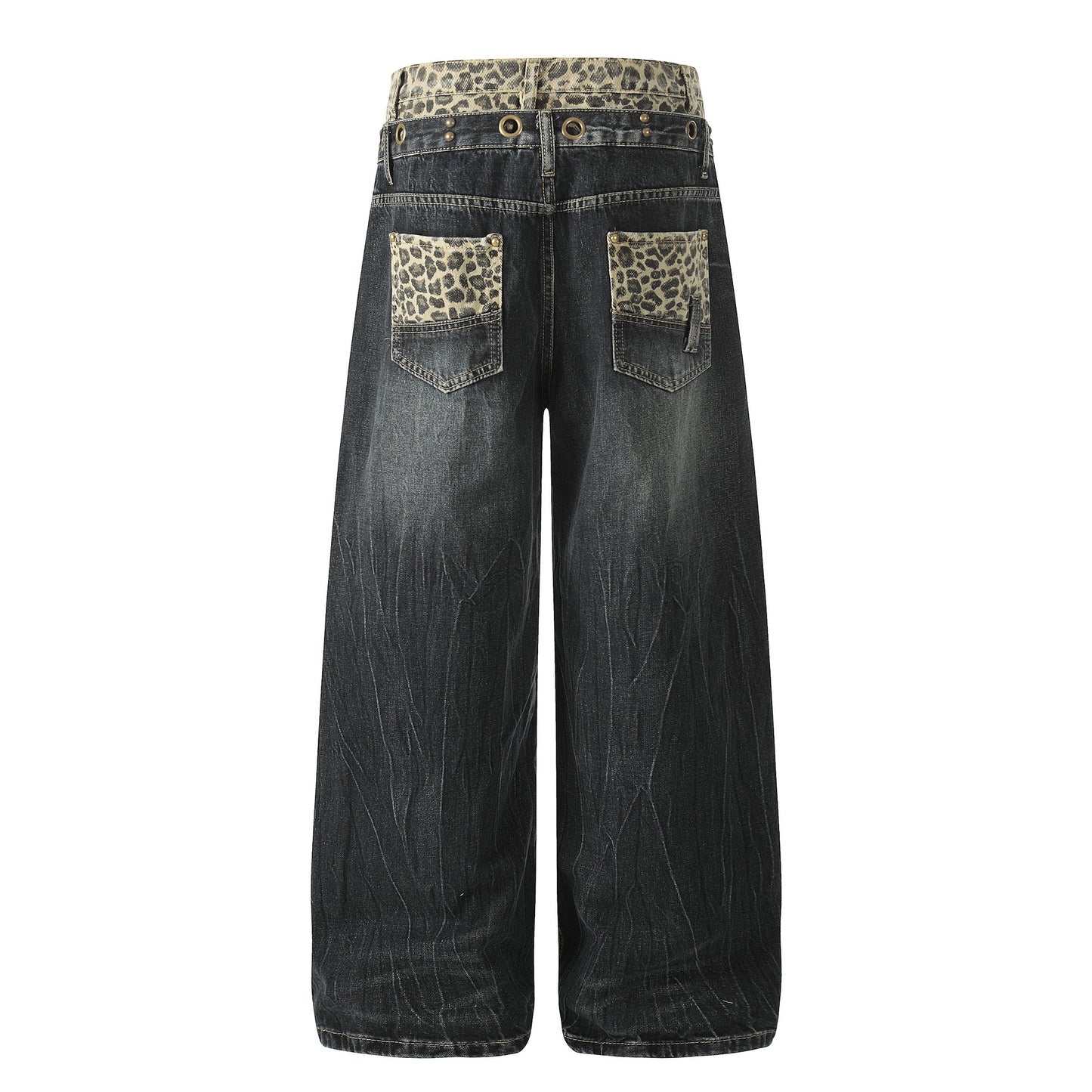 Leopard Waistband Washed Whisker Wide Leg Denim Jeans WN25566