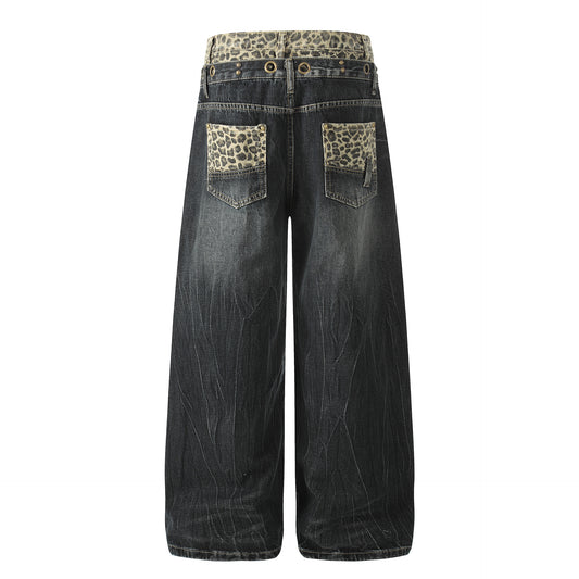 Leopard Waistband Washed Whisker Wide Leg Denim Jeans WN25566