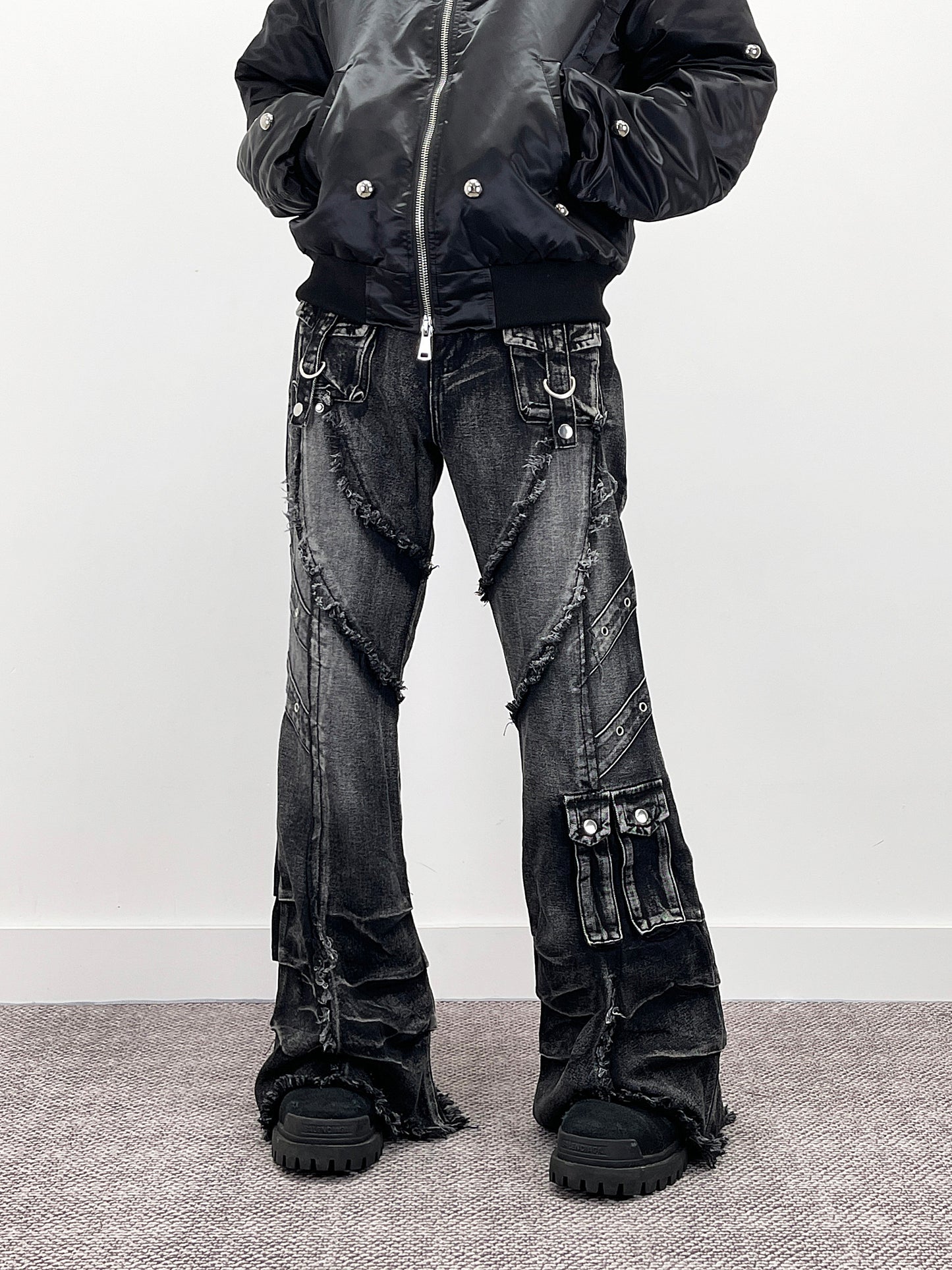 Heavy Detail Flare Cargo Denim Jeans WN24277