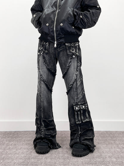 Heavy Detail Flare Cargo Denim Jeans WN24277
