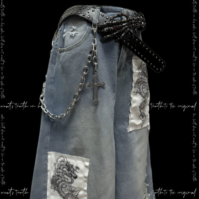 Patchwork Design Wide Leg Denim Half Jeans & Belt & Chain WN20112