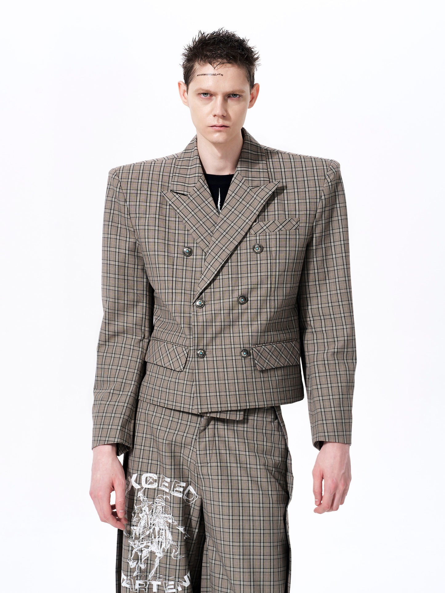 Plaid Double-Breasted Short Tailored Jacket & Trousers Setup WN23282