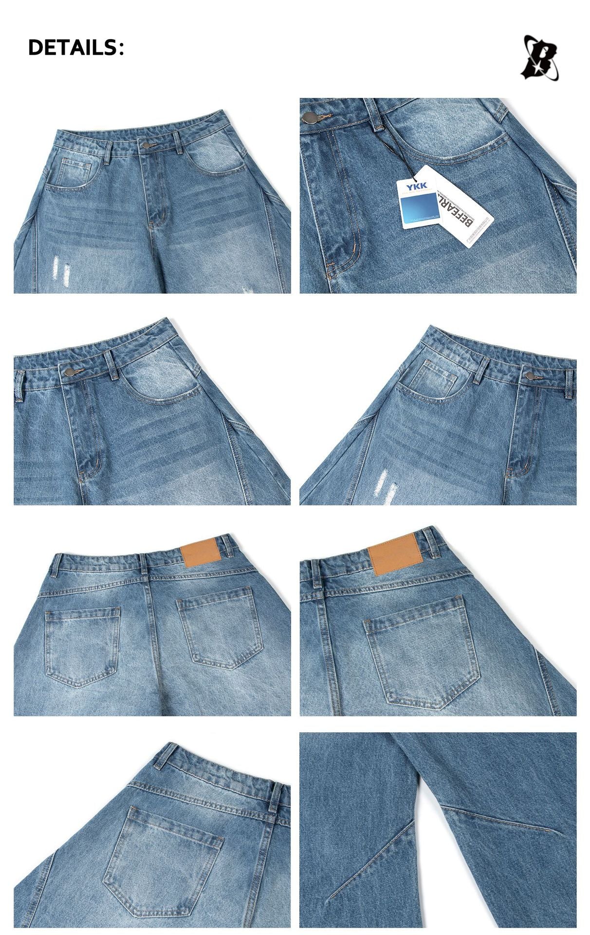 Washed Damage Panel Wide Leg Denim Jeans WN26193