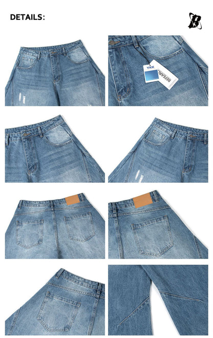 Washed Damage Panel Wide Leg Denim Jeans WN26193