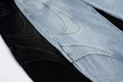 Deconstruction Curved Panel Wash Wide Leg Denim Jeans WN27930