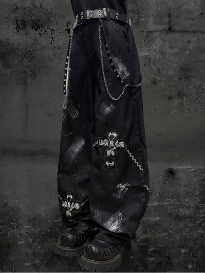 Paint Print Wide Leg Denim Jeans & Bandana Waist Panel & Skull Belt & Belt Chain WN23793