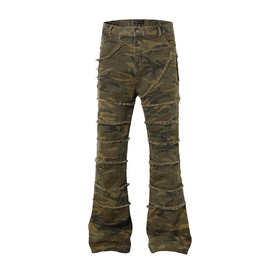 Camouflage Raw Hem Wash Flare Denim Jeans WN16191