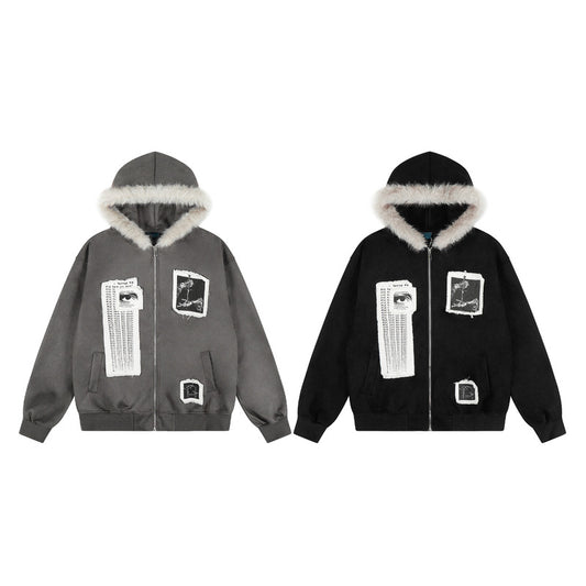 Fake Fur Hooded Graphic Print Zip-Up Jacket WN23575