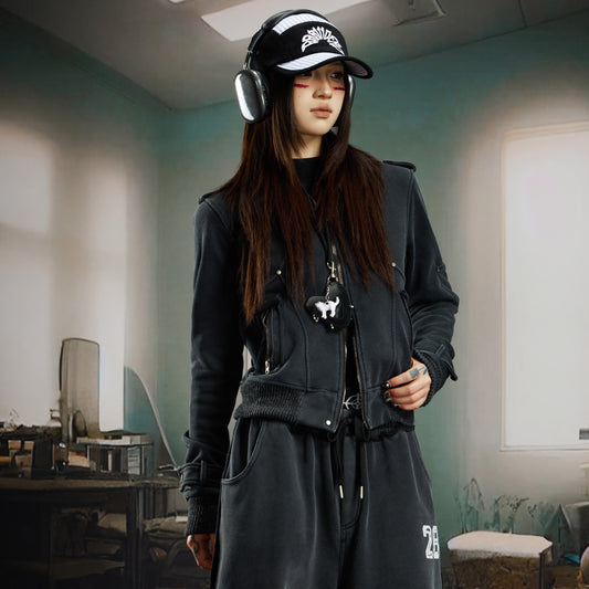 Washed Stand Neck Rivet Fleece Lining Jacket WN22761