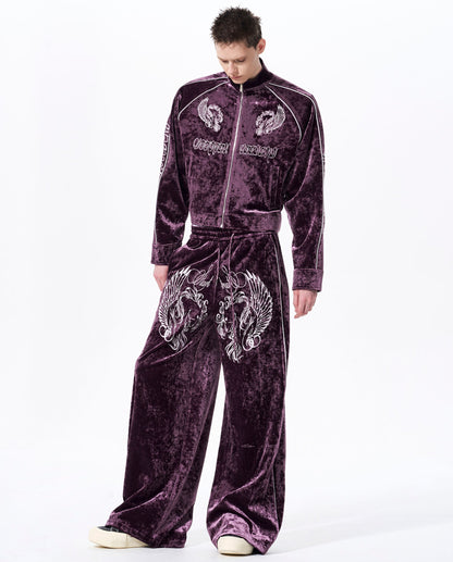 War Horse Embroidery Velvet Stand Neck Short Jacket & Pants Setup WN23277