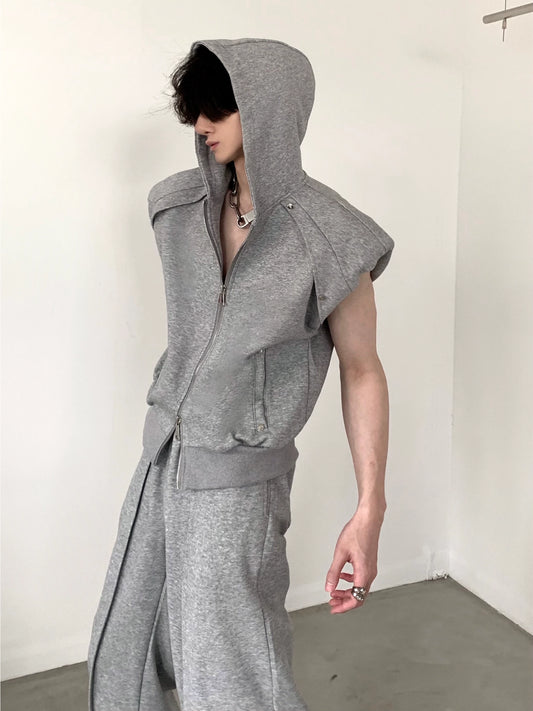 Zipper Shoulder Pad Hooded Sleeveless Vest & Casual Sweatpants Setup WN6001