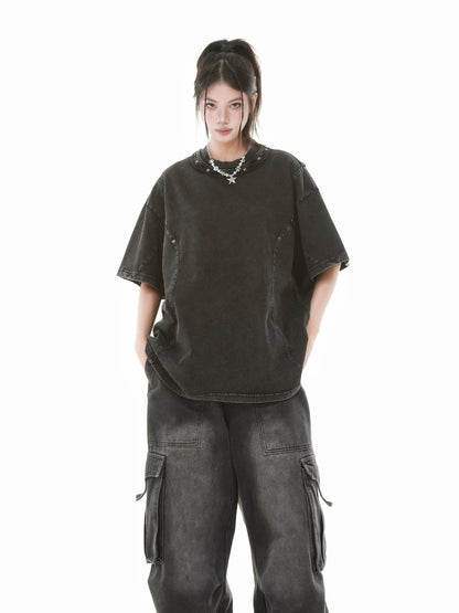 Heavy Washed Fade Stitching Short Sleeve T-Shirt WN25671