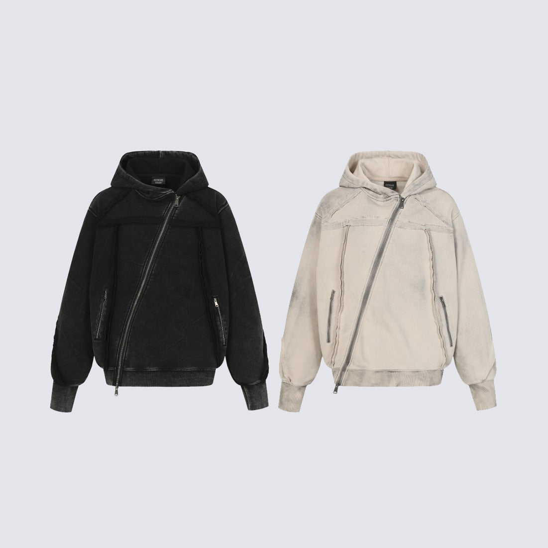 Diagonal Zipper Deconstructed Washed Oversize Hoodie WN27849