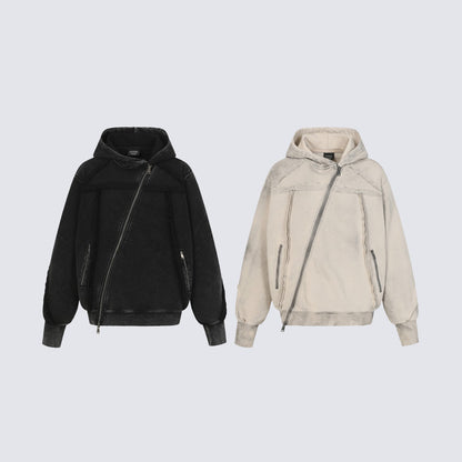 Diagonal Zipper Deconstructed Washed Oversize Hoodie WN27849