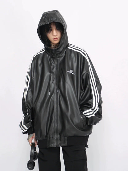 Oversize Sporty PU Leather Hooded Jacket WN8376