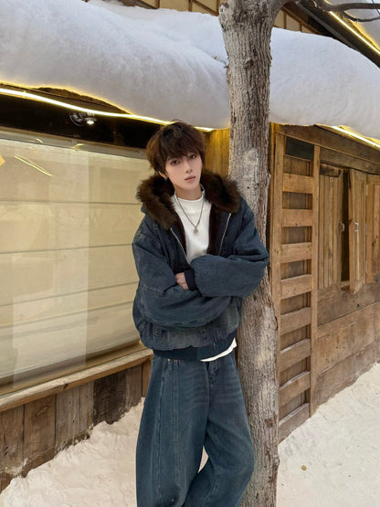 Fake Fur Collar Hooded Denim Jacket & Wide Leg Denim Jeans Setup WN23190