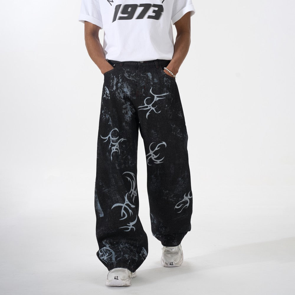 Graffiti Totem Print Wide Leg Denim Jeans WN27881