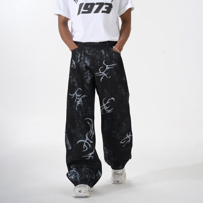 Graffiti Totem Print Wide Leg Denim Jeans WN27881