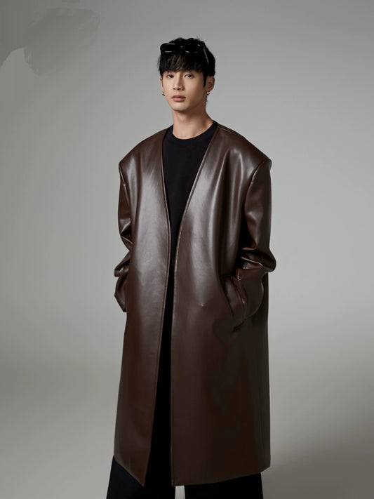 Oversize Collarless Mid-Length PU Leather Coat WN13310