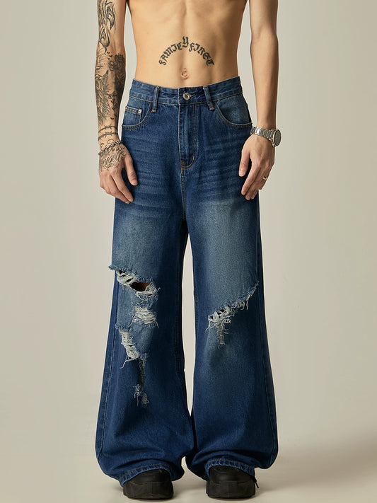 Damage Wide-Leg Straight Denim Jeans WN7762