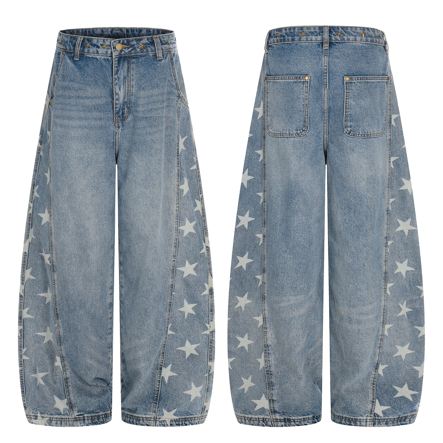 Star Print Washed Damage Wide Leg Barrel Denim Jeans WN22917