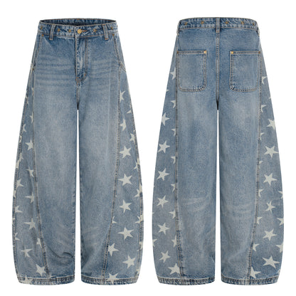 Star Print Washed Damage Wide Leg Barrel Denim Jeans WN22917