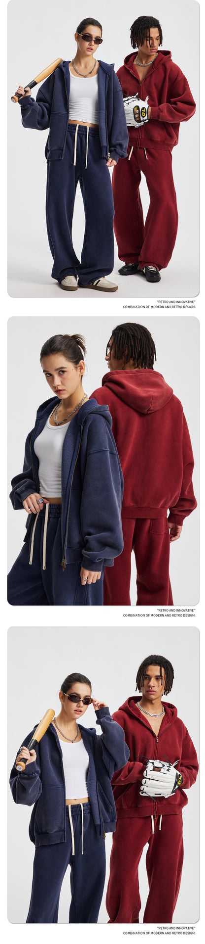 Fleece Lining Zip-Up Wax Dye Zipper Hoodie & Wide Leg Pants Sweatpants WN23112