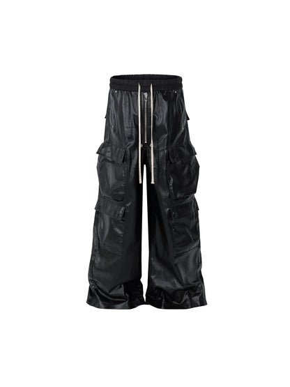 Glossy Coated Multi-Pocket PU Leather Wide Leg Cargo Pants WN18153