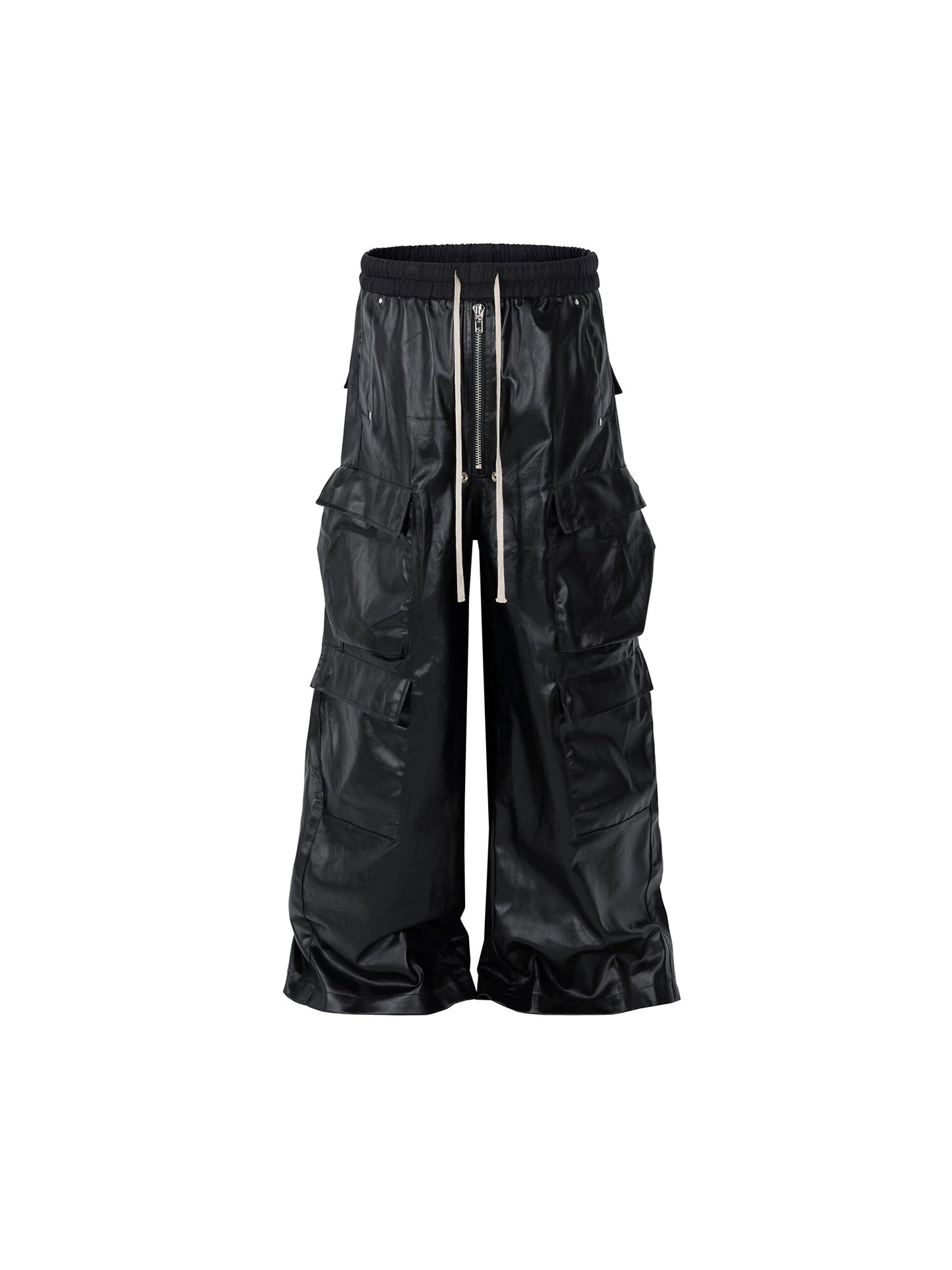 Glossy Coated Multi-Pocket PU Leather Wide Leg Cargo Pants WN18153
