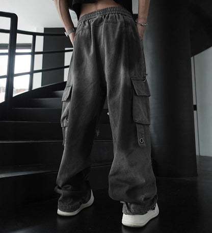 Washed Multi-Pocket Patchwork Frayed Denim Jeans WN27848