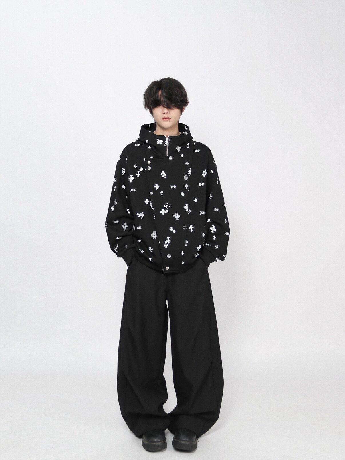 Cross Print Oversize Zipper Hoodie WN24440